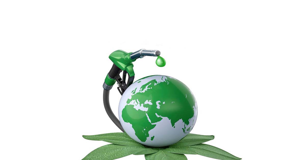 Green gasoline pump dripping green or renewable fuel onto the earth, all underneath a padding of green plant leaves.