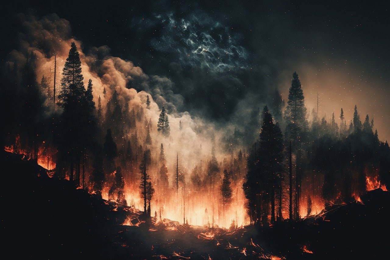 Rolling inclines of a pine forest enveloped by a wildfire with smoke billowing into the sky.