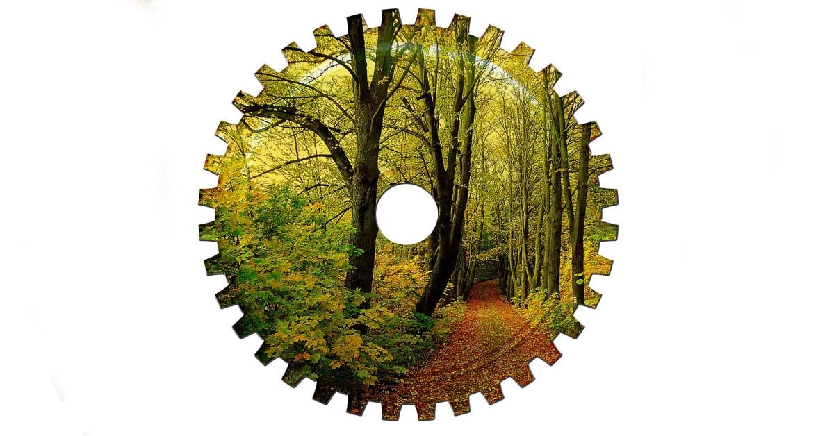 A round gear shape with a lush forest connecting the concepts of forestry and manufacturing.